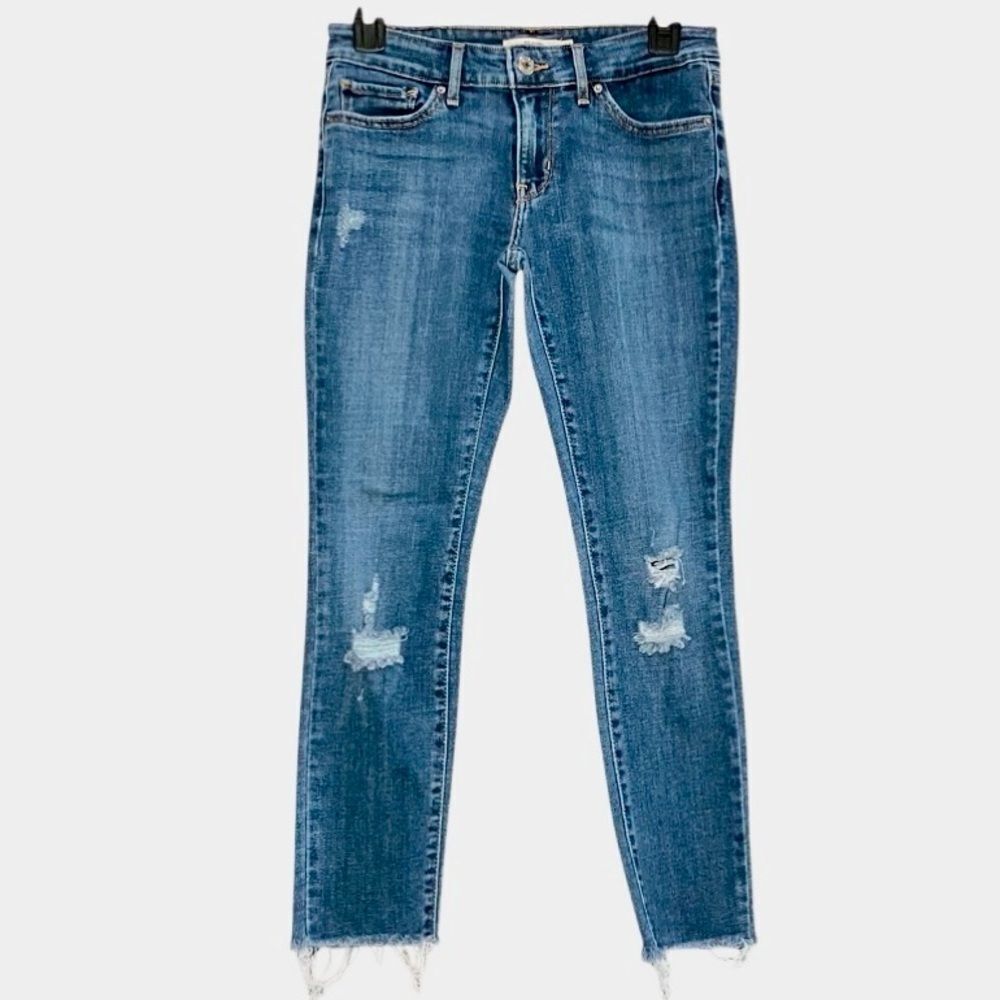 Levi’s 711 Distressed Skinny Jeans with Raw Hem in Blue Wash Women’s 26